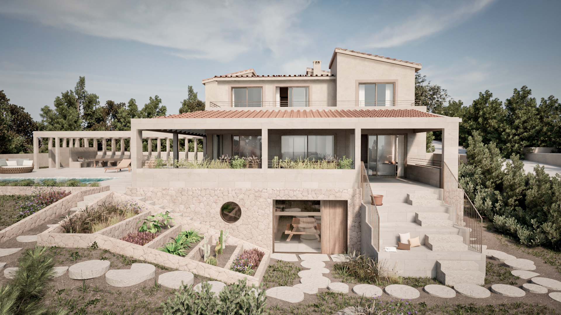 Rear view of the Betlem residence with terraced garden