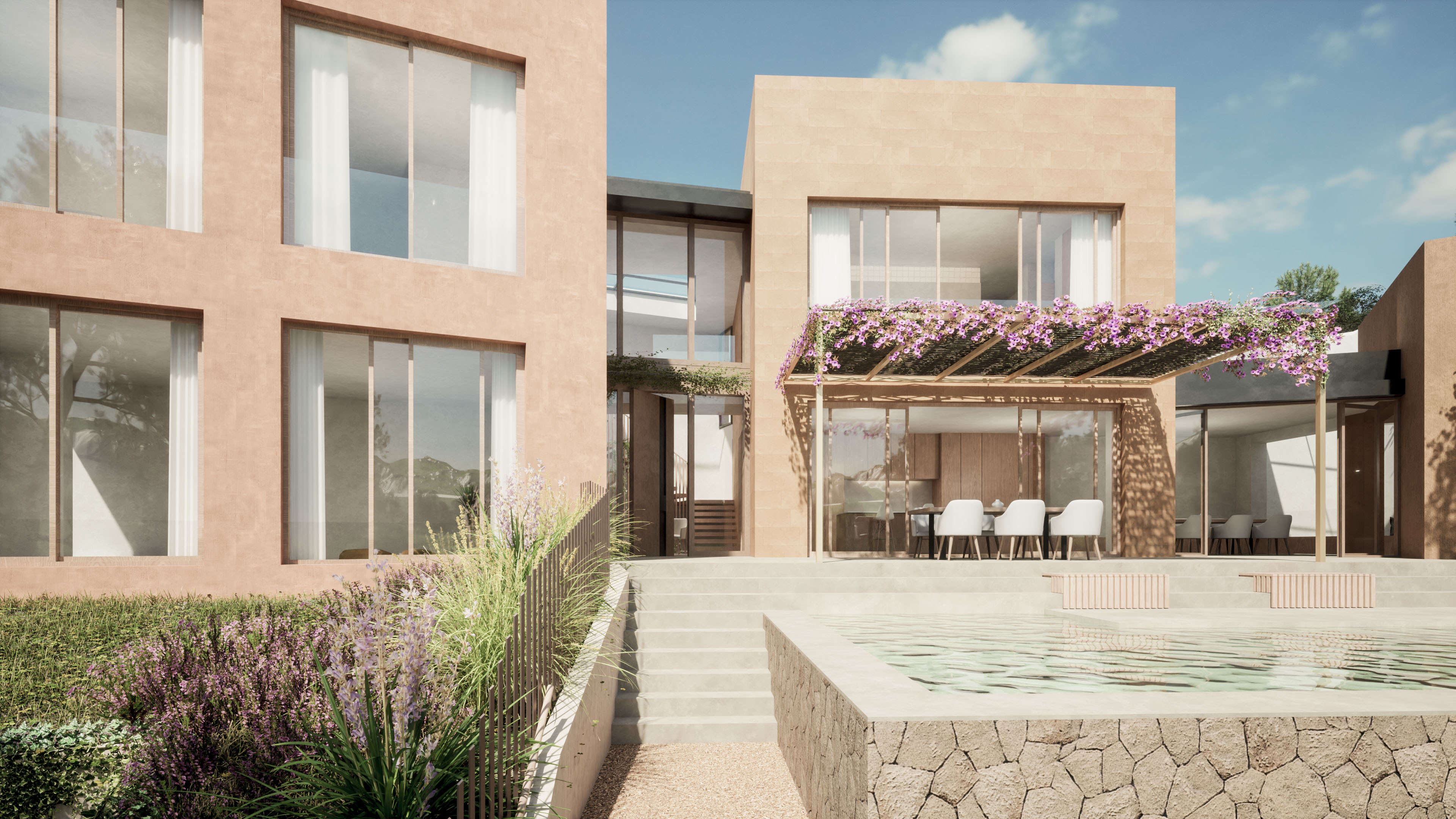 Terraza escalonada de Villa Es Pinar con piscina y acceso al comedor exterior bajo la pérgola