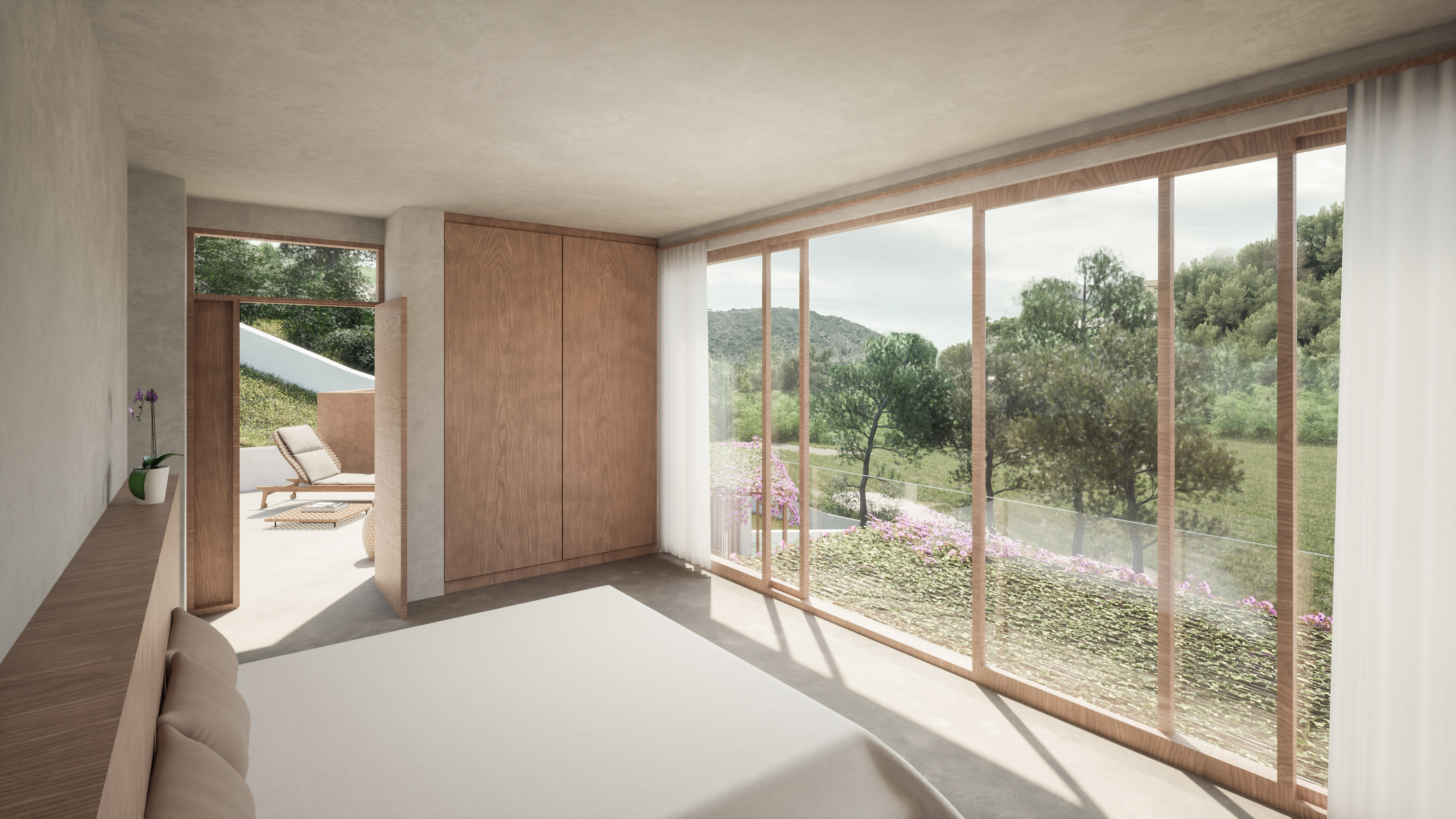 Dormitorio con acceso directo a la terraza y vistas al paisaje en Villa Es Pinar