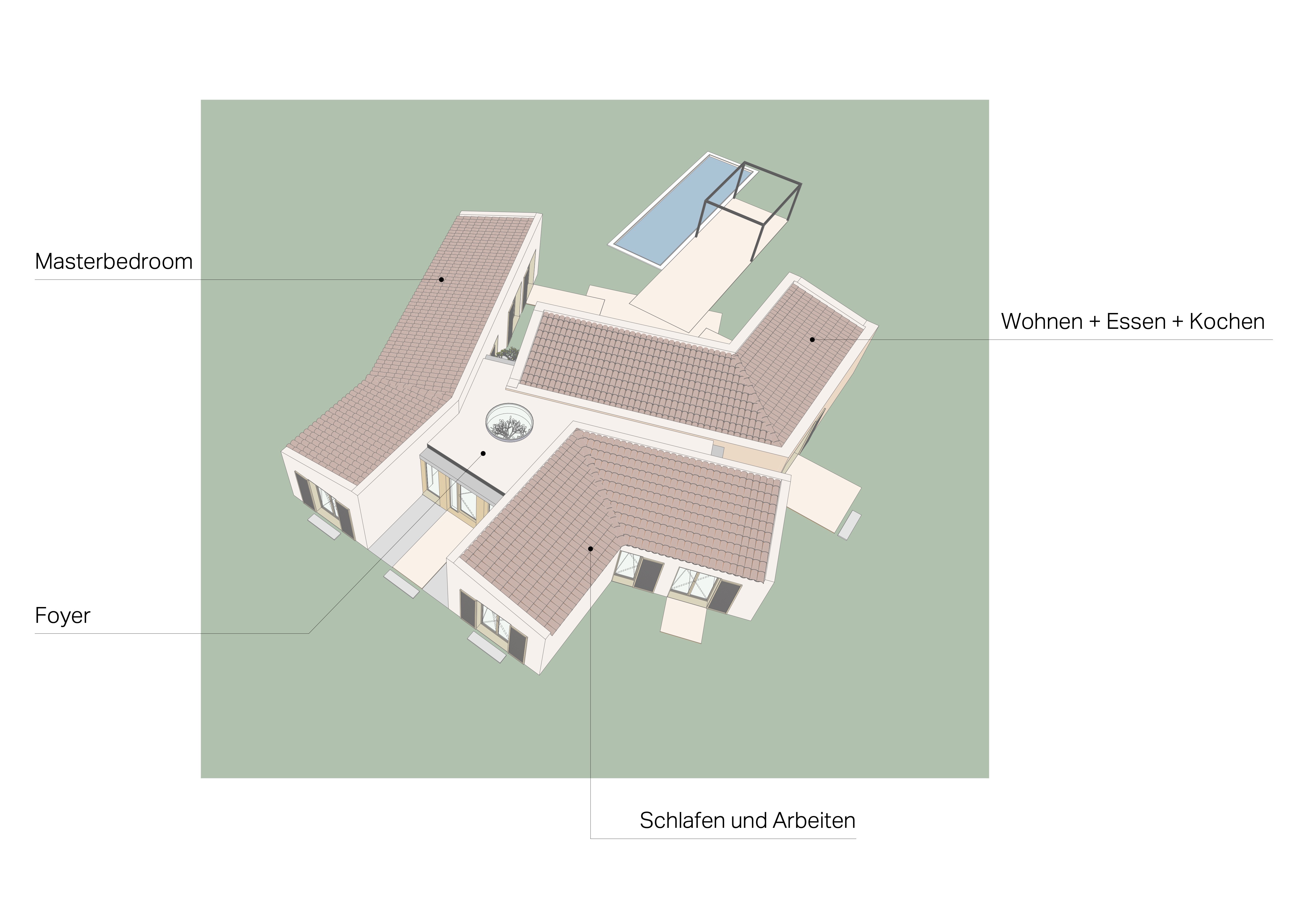 Esquema volumétrico de Finca Es Camp mostrando la distribución de foyer, estar, dormitorio principal y zona de dormir y trabajar
