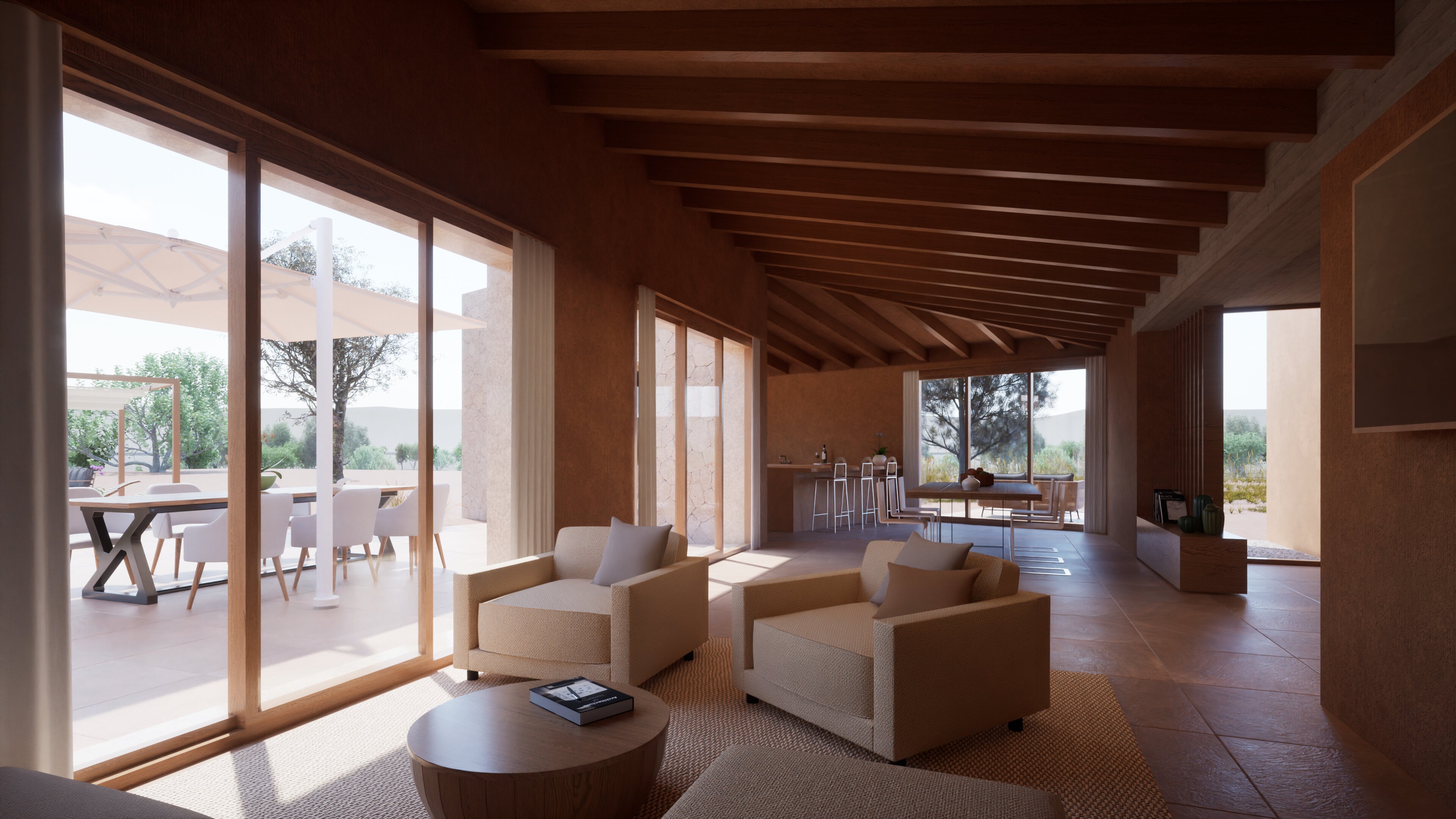 Sala de estar de Finca Es Camp abierta hacia la terraza y la piscina