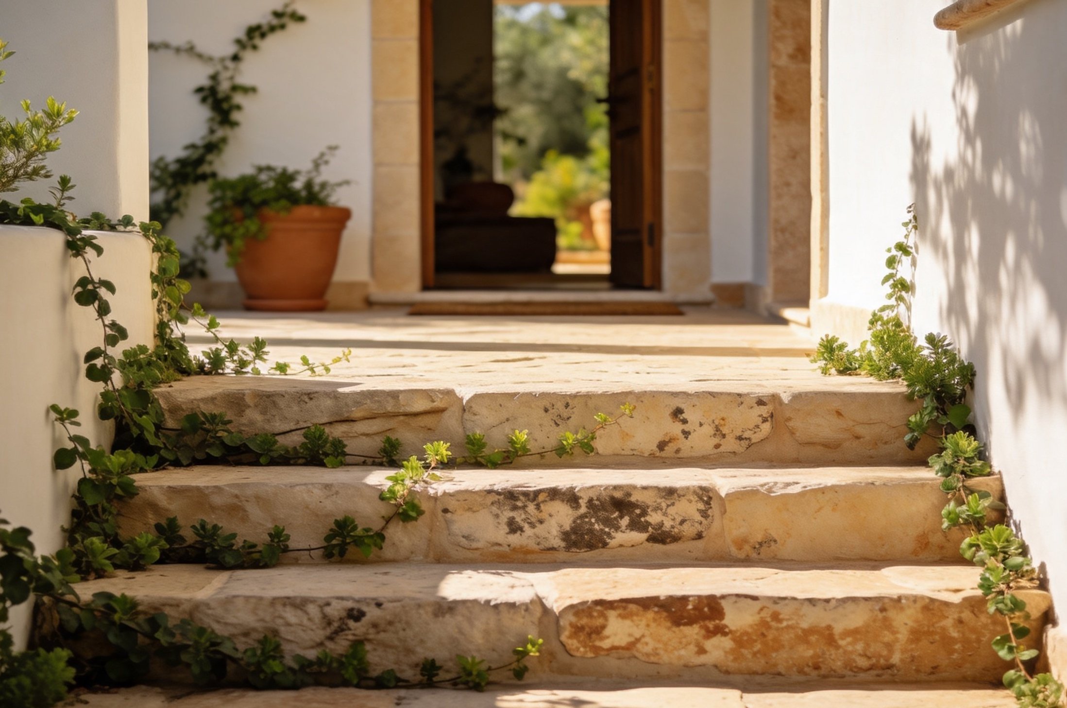 Escalinata de piedra en la entrada, entre vegetación trepadora