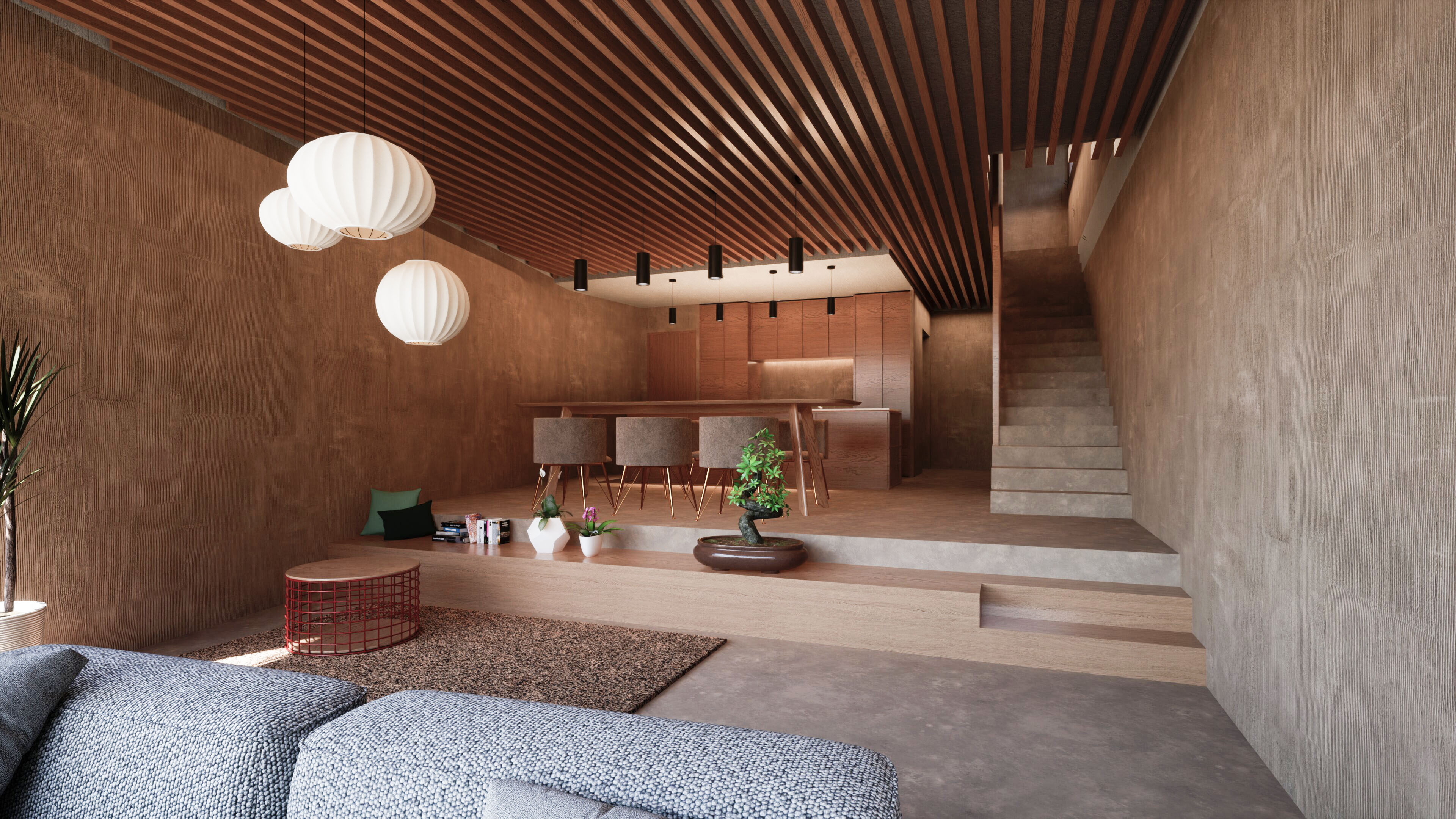 Sala de estar, comedor y cocina en planta abierta