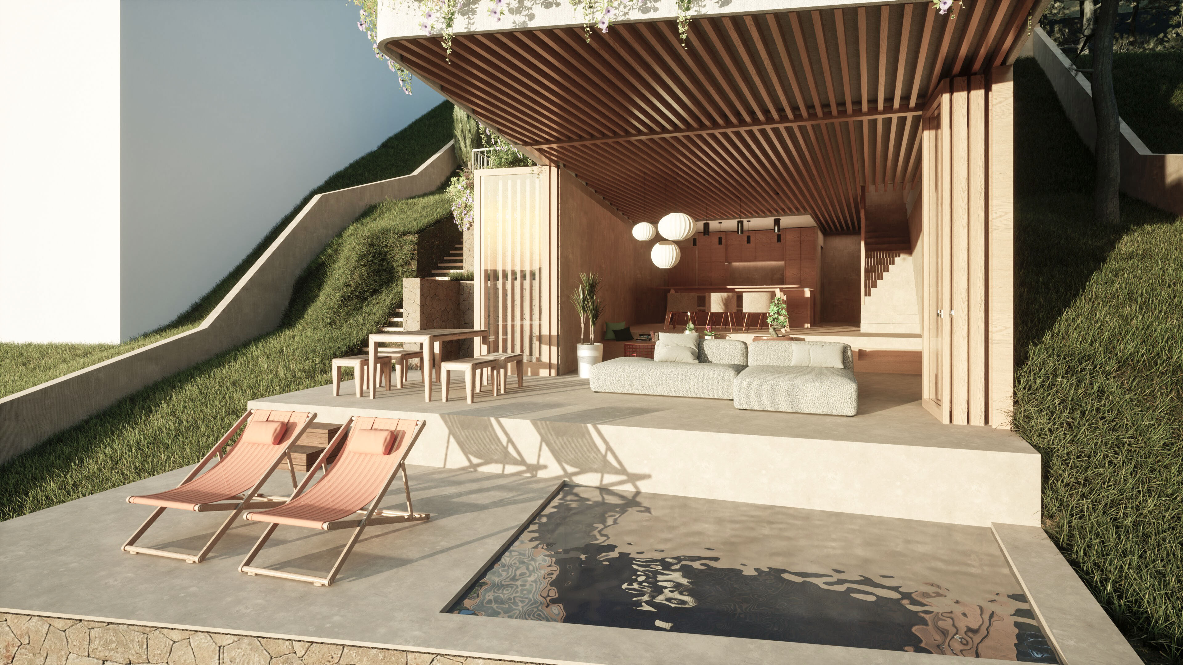 Salón exterior y piscina bajo la pérgola de madera