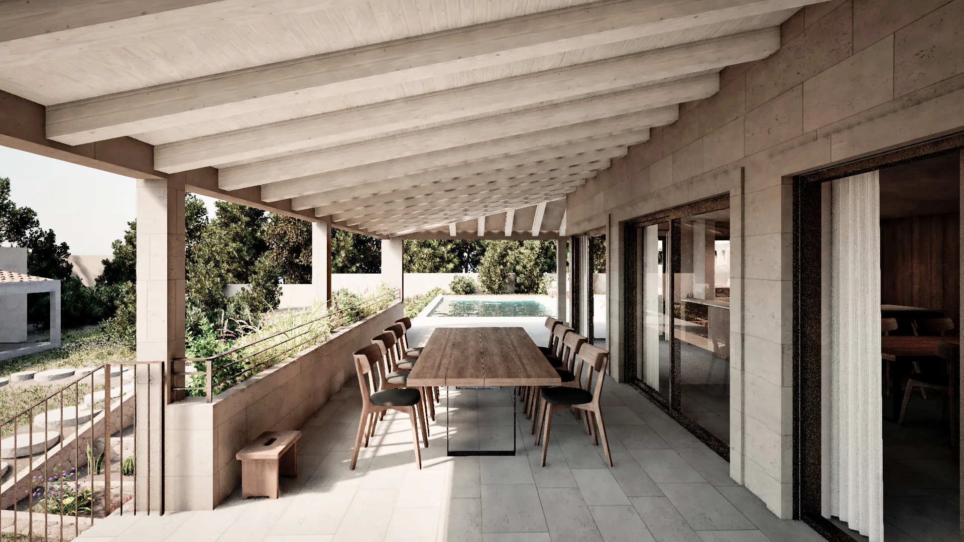 Covered extension with dining table at Villa Can Sol