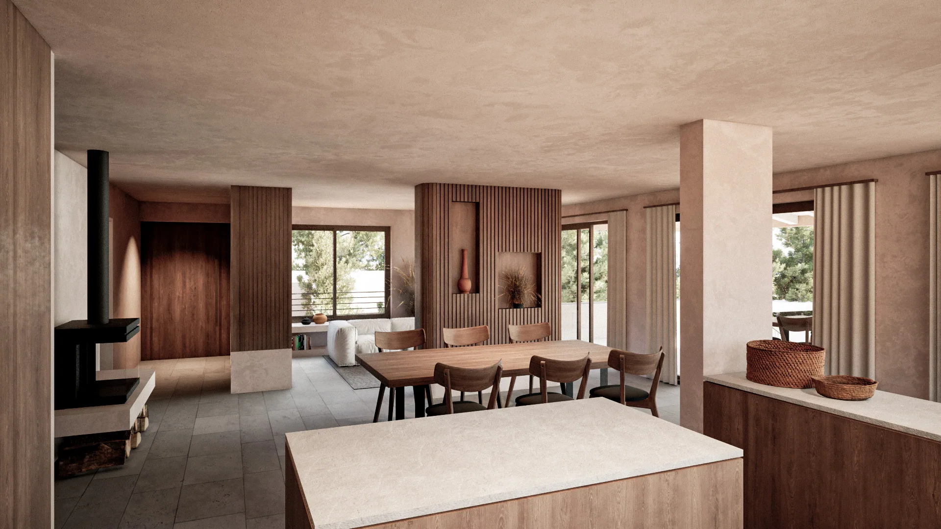 Living and dining room with a wood-burning stove