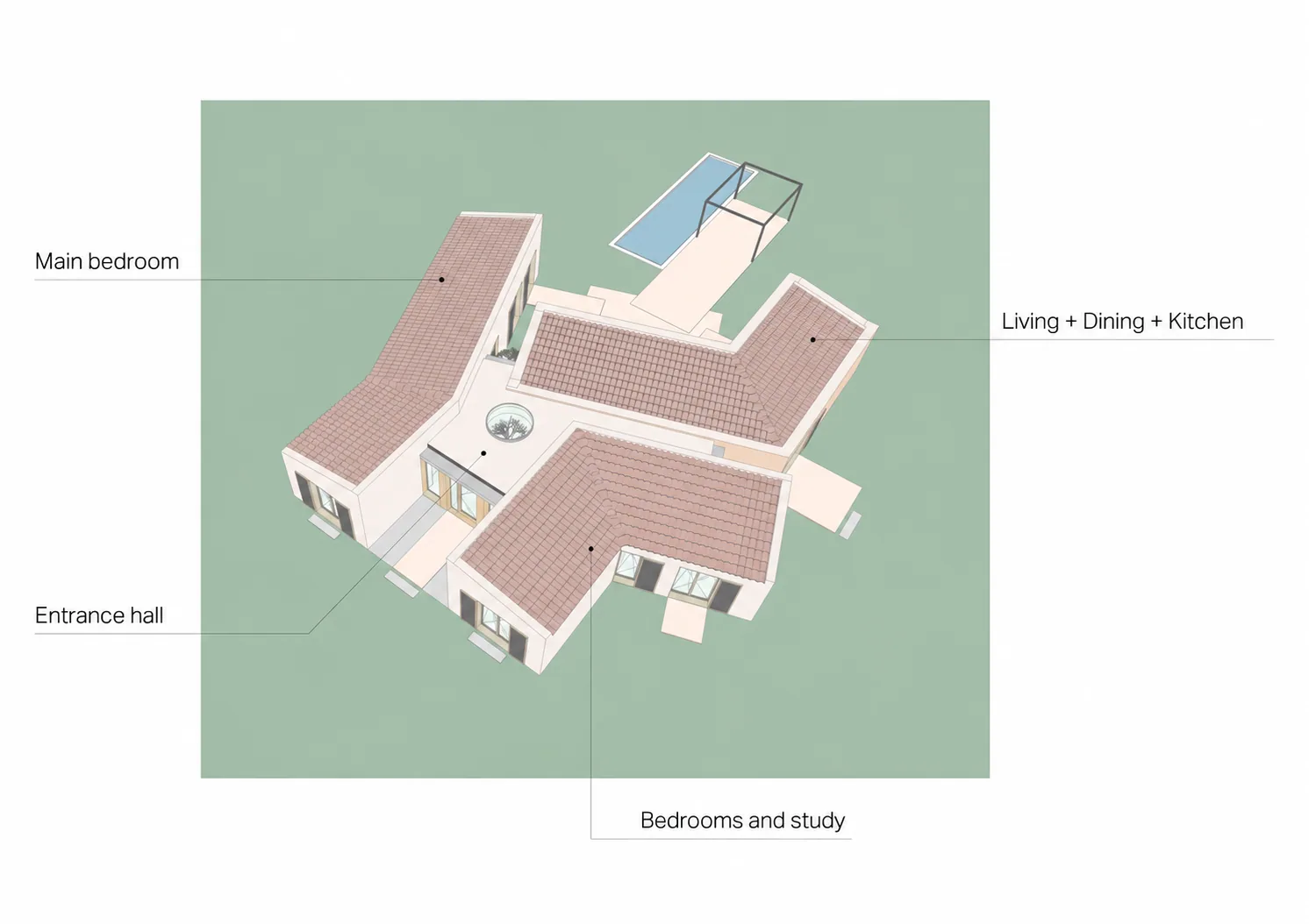 Finca Es Camp massing diagram with entrance hall, living spaces, main bedroom and sleeping and study areas