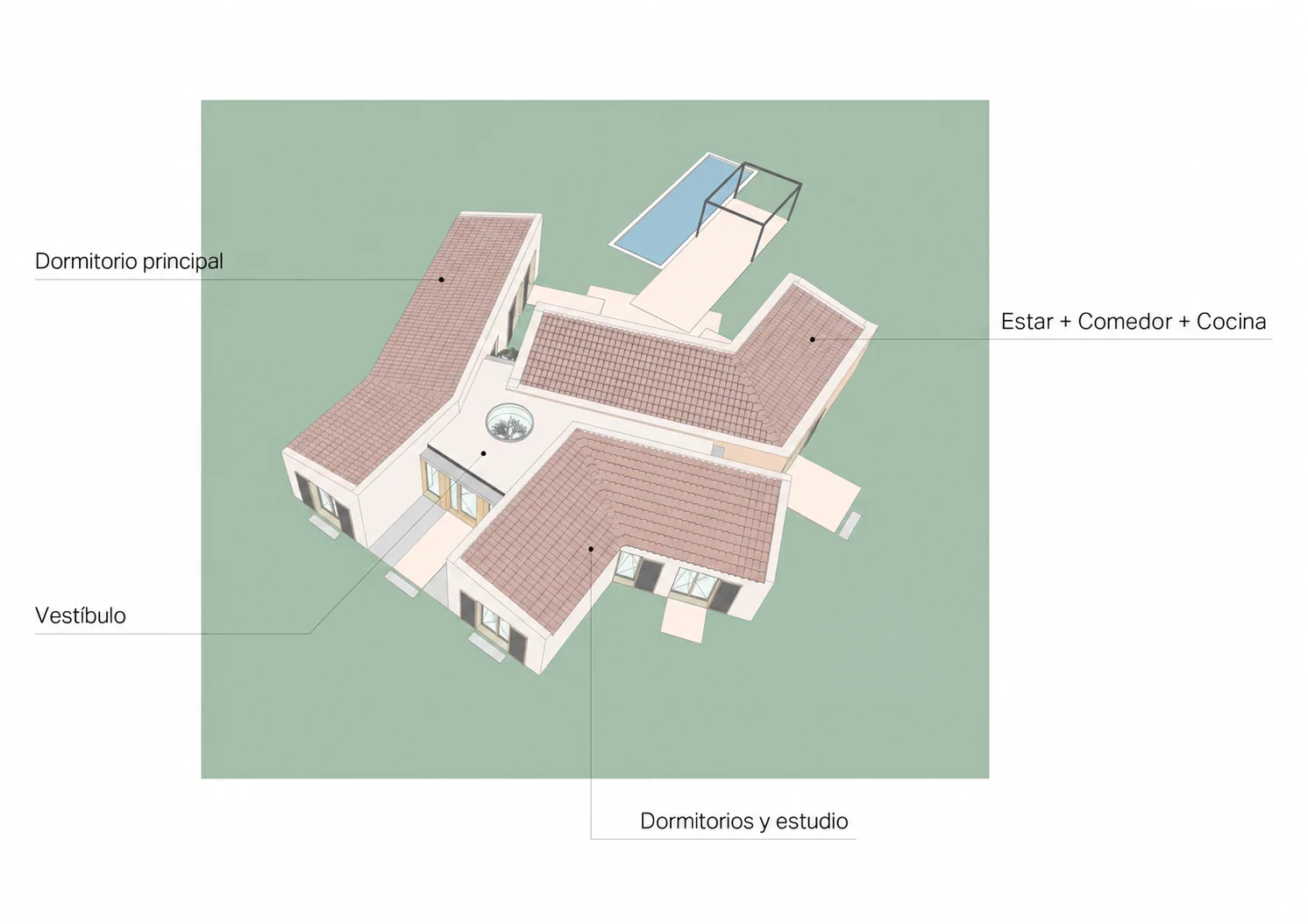 Esquema volumétrico de Finca Es Camp mostrando la distribución de foyer, estar, dormitorio principal y zona de dormir y trabajar