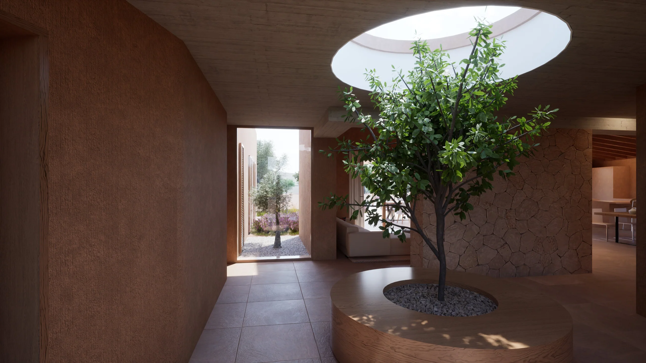 Central entrance hall with a tree beneath a circular skylight