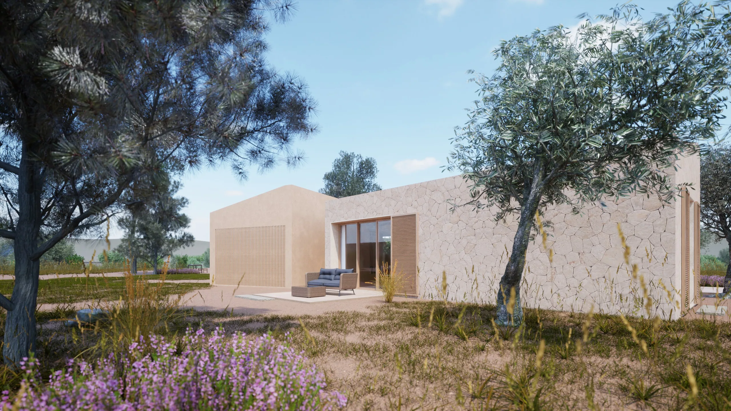 Stone facade among pines and olive trees