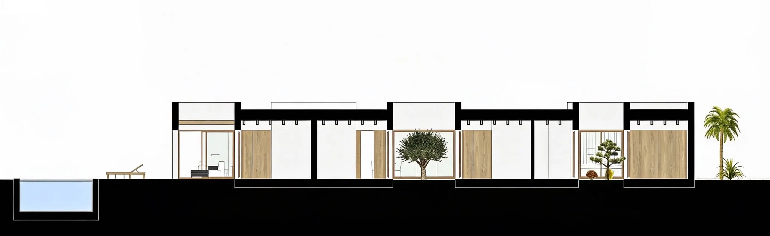 Longitudinal section of Villa Oliva with rooms alternating with planted atria