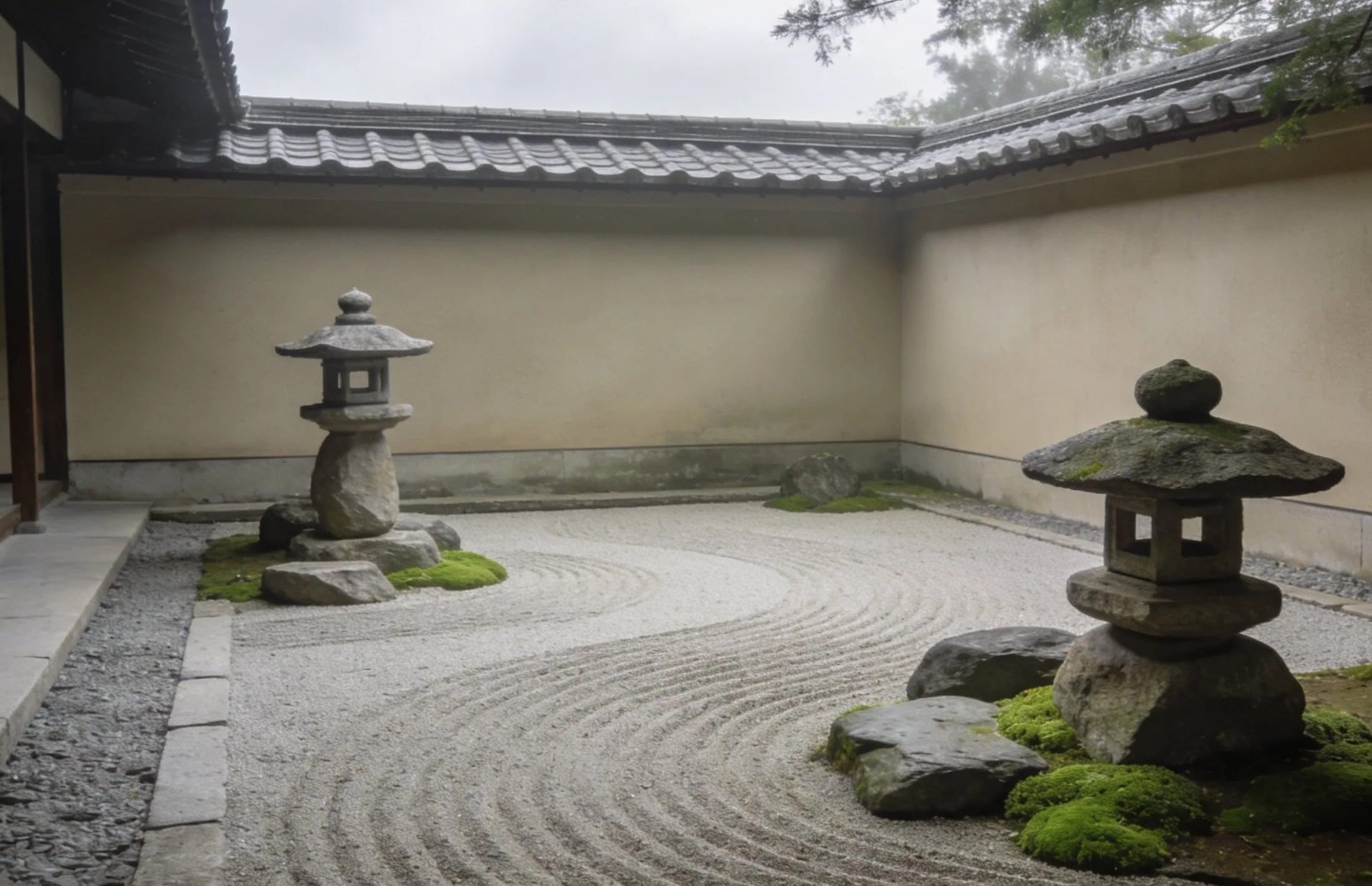 Zen garden reference with raked sand and stone lanterns