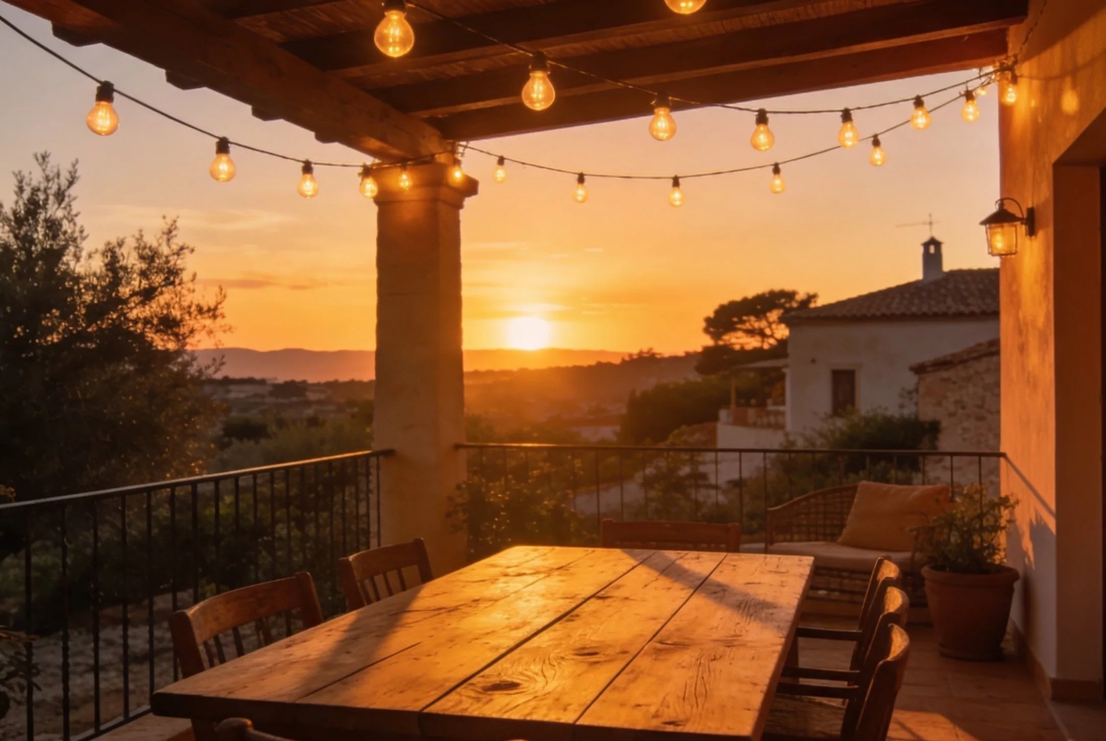 Evening terrace with string lights above an outdoor table