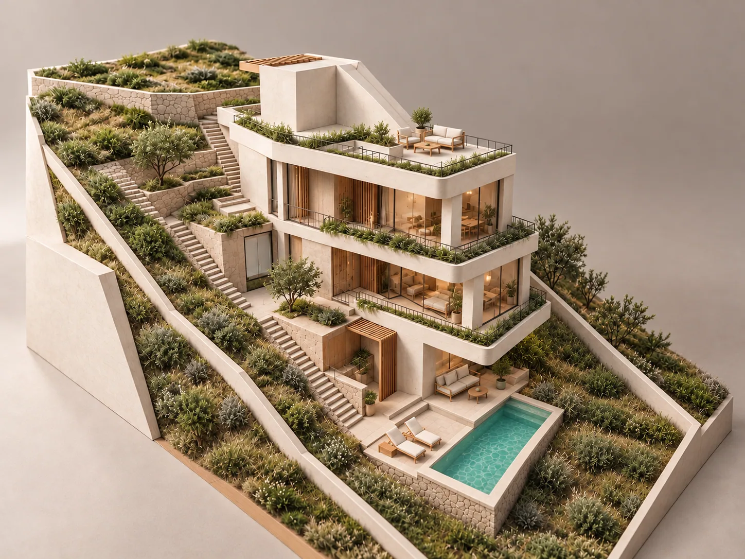 Visualización fotorrealista de la misma vivienda con revoco claro, piedra natural y madera
