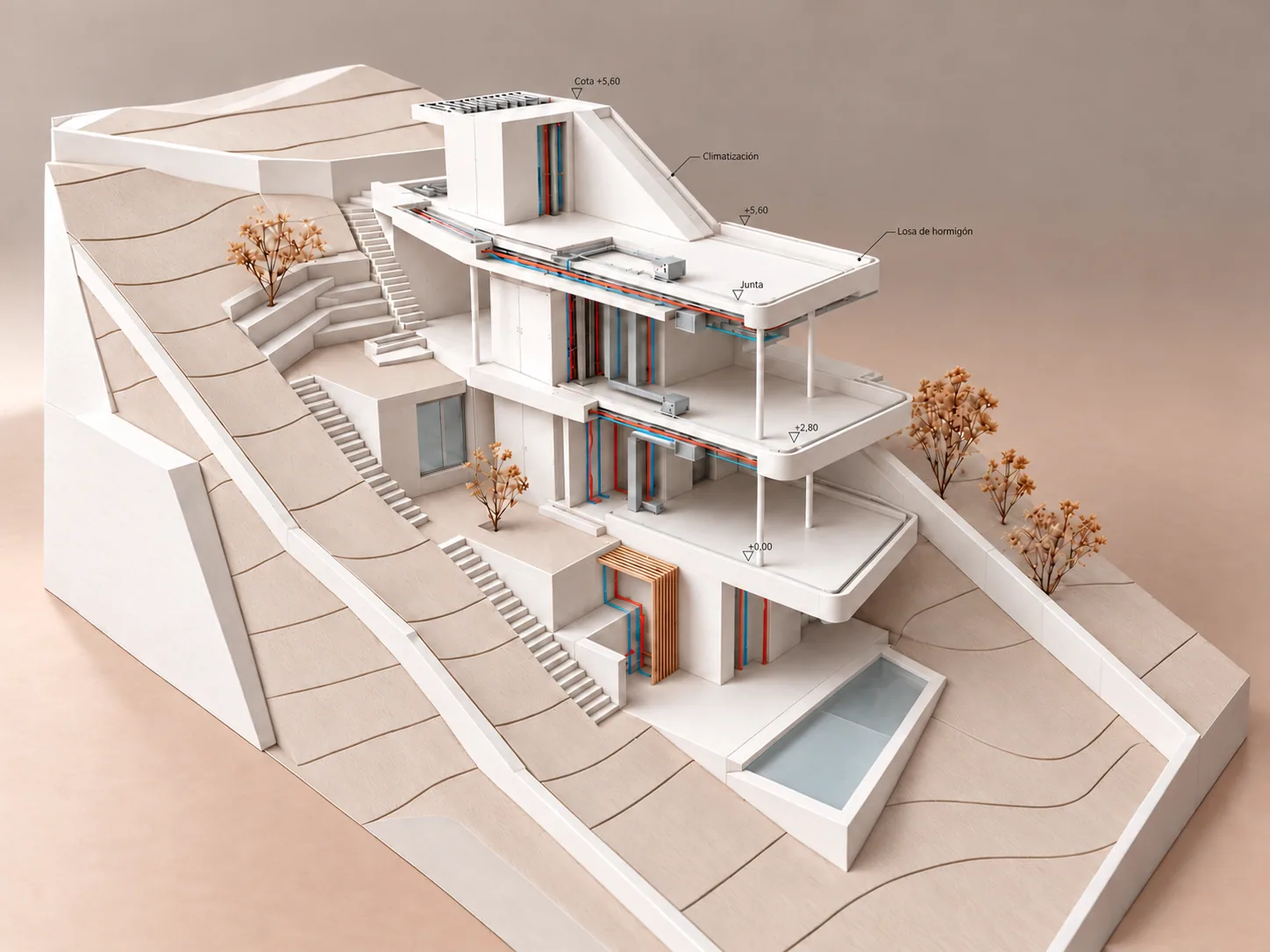 Modelo técnico de la misma vivienda con estructura blanca y trazados discretos de instalaciones