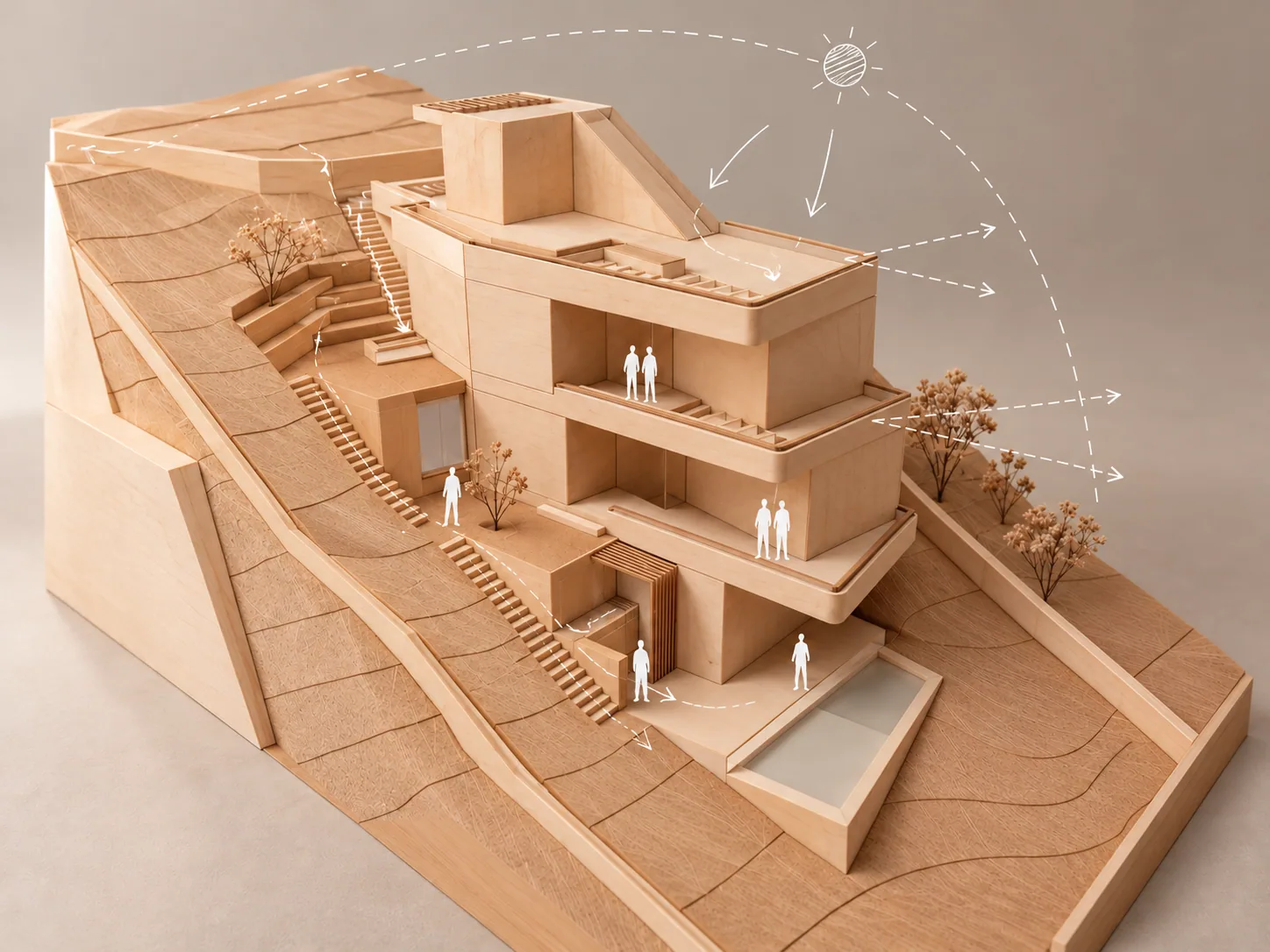 Maqueta de madera de una vivienda unifamiliar escalonada en una ladera, con finas líneas blancas de estudio